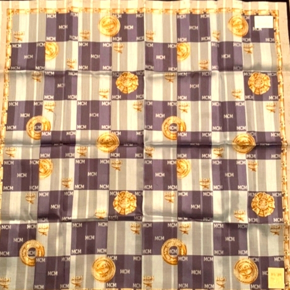 NEW MCM Medallion Cotton scarf handkerchief Blue, gold and brown - Picture 6 of 10